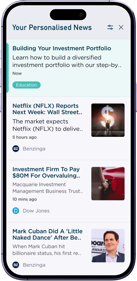 Mobile interface showing personalized news and investment insights