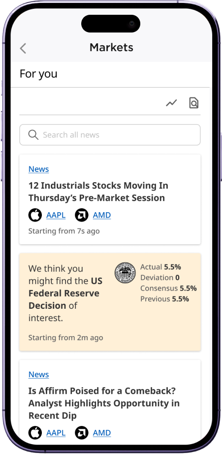 Mobile interface showing blended content feed with Federal Reserve insights