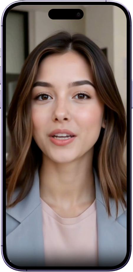 Mobile interface showing AI-generated video with professional presenter